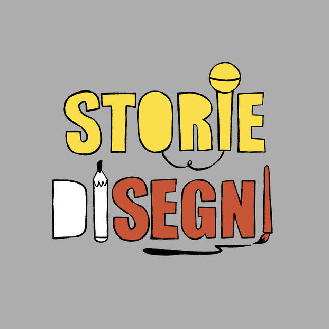 Cover del podcast Storie di Segni: la scritta disegnata a mano con un microfono, una matita e un pennello